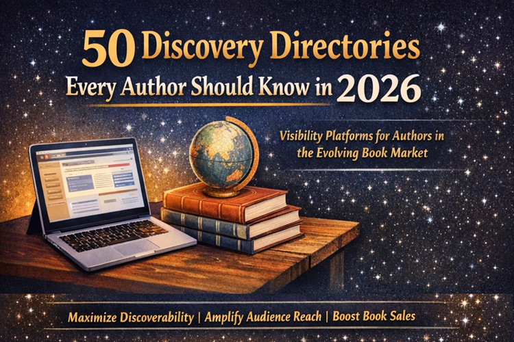 Graphic showing the title ‘50 Active Discovery Directories Every Author Should Know in 2026’ next to a laptop and a stack of books with a globe on top.