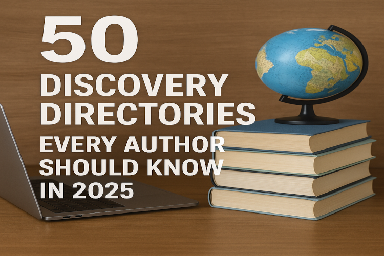 Graphic showing the title ‘50 Discovery Directories Every Author Should Know in 2025’ next to a laptop and a stack of books with a globe on top.